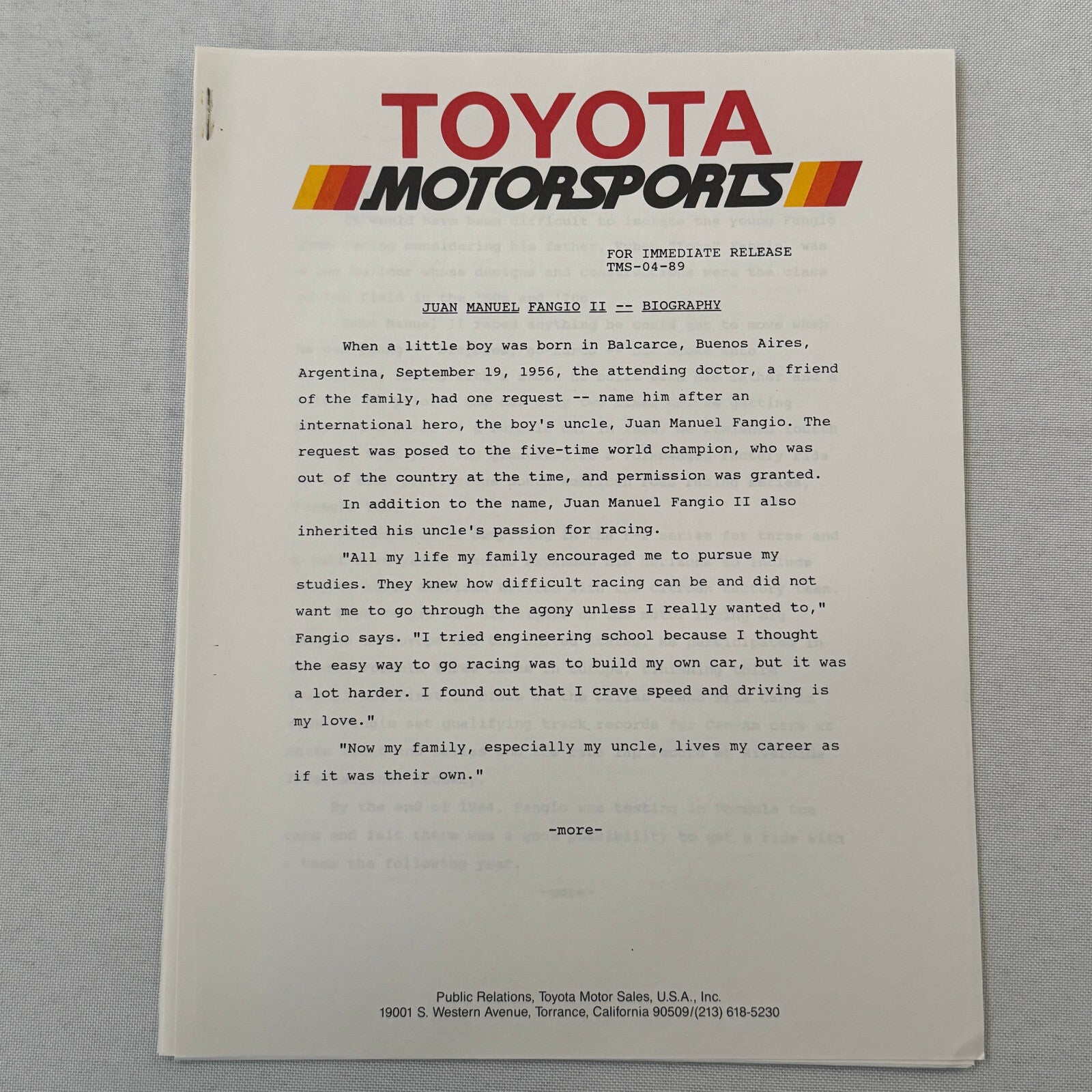1989 Toyota Motorsport Racing Press Kit Dan Gurney Willy T Ribbs Fangio II