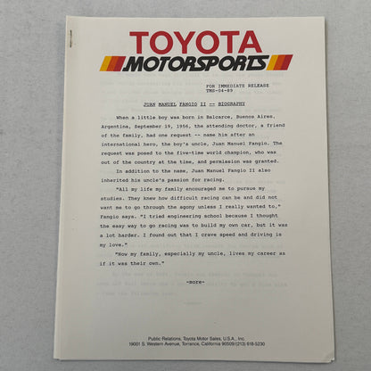 1989 Toyota Motorsport Racing Press Kit Dan Gurney Willy T Ribbs Fangio II