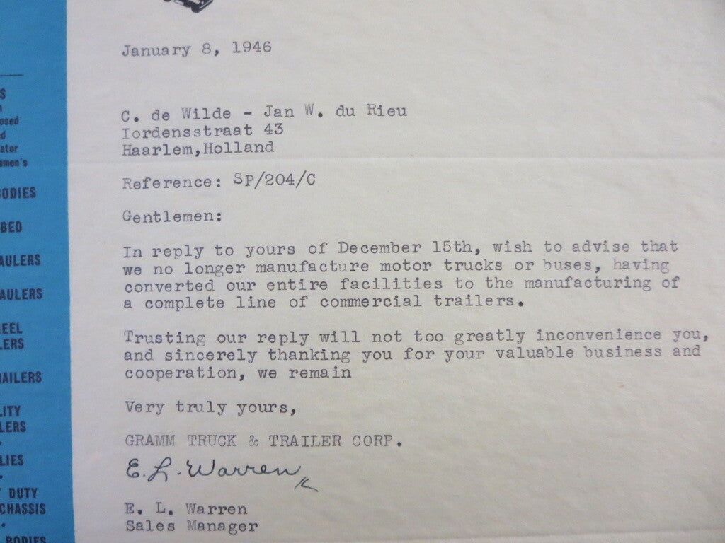 1946 Gramm Truck and Trailer Corporation Letter Letterhead - Delphos Ohio