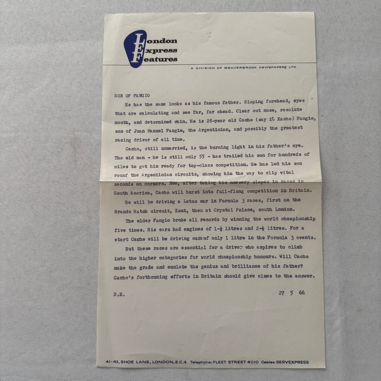 Juan Manuel Fangio Son Cacho Press Release Document London Vintage