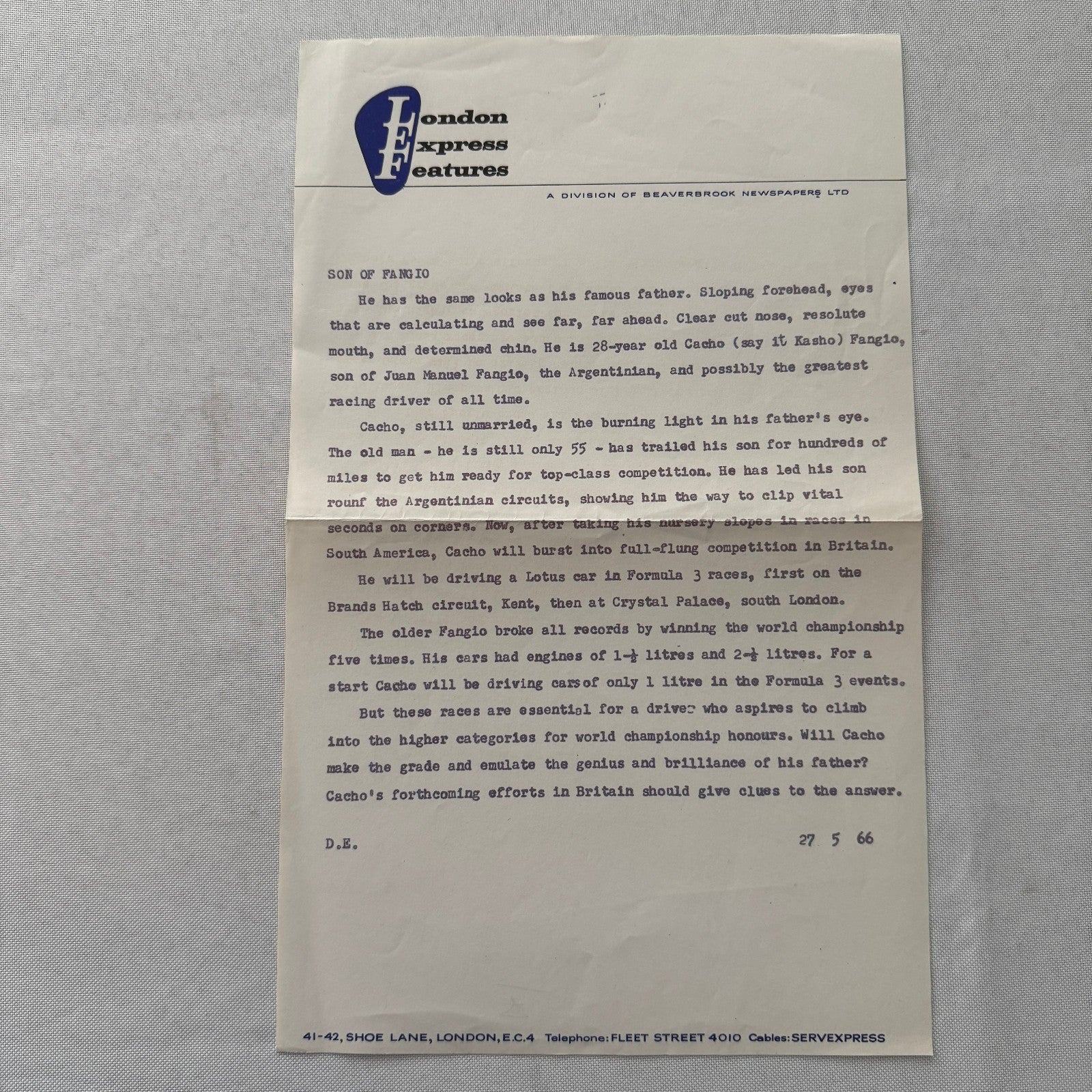 Juan Manuel Fangio Son Cacho Press Release Document London Vintage