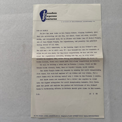 Juan Manuel Fangio Son Cacho Press Release Document London Vintage