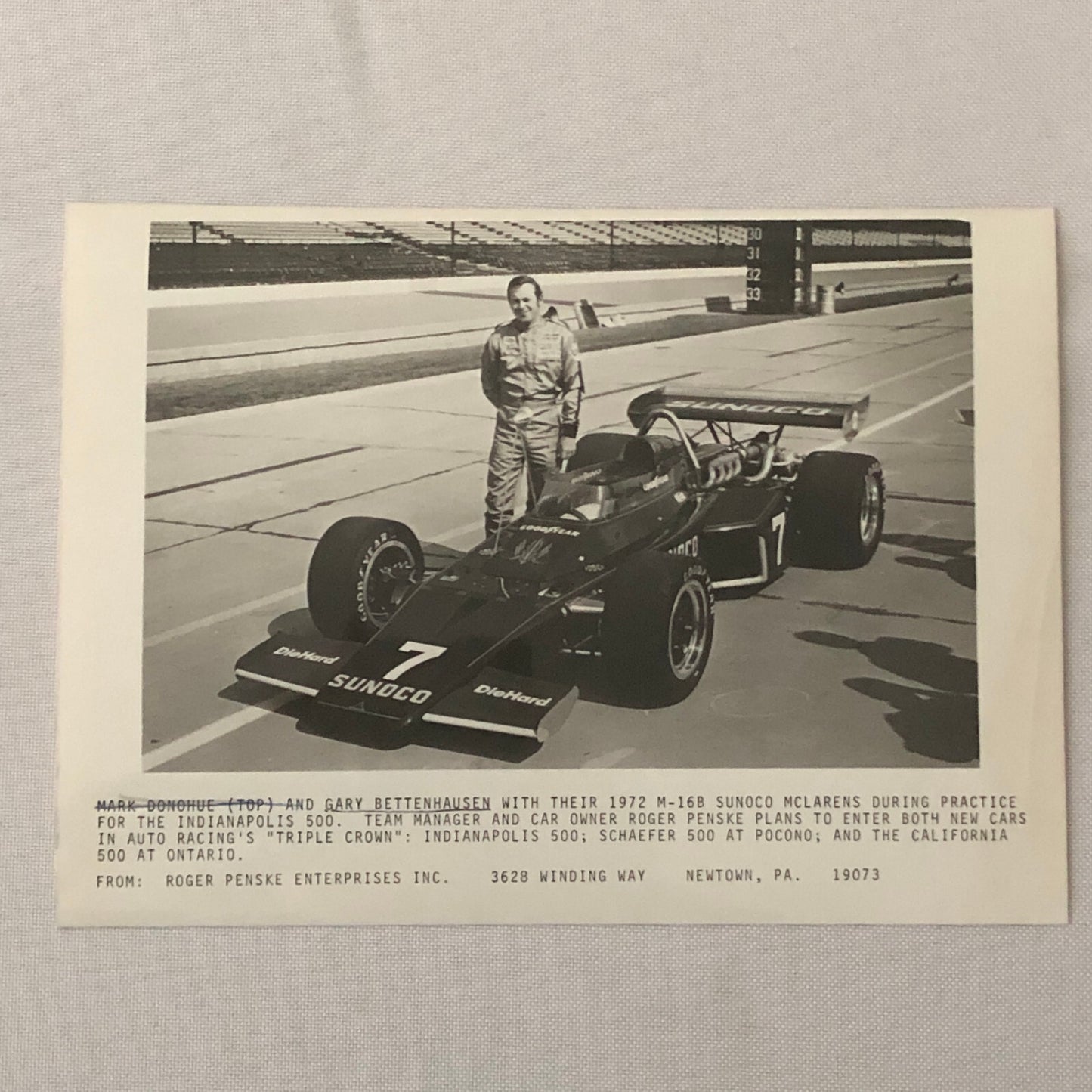 Vintage Indy Indianapolis Racing Photo Photograph Gary Bettenhausen 1972 McLaren