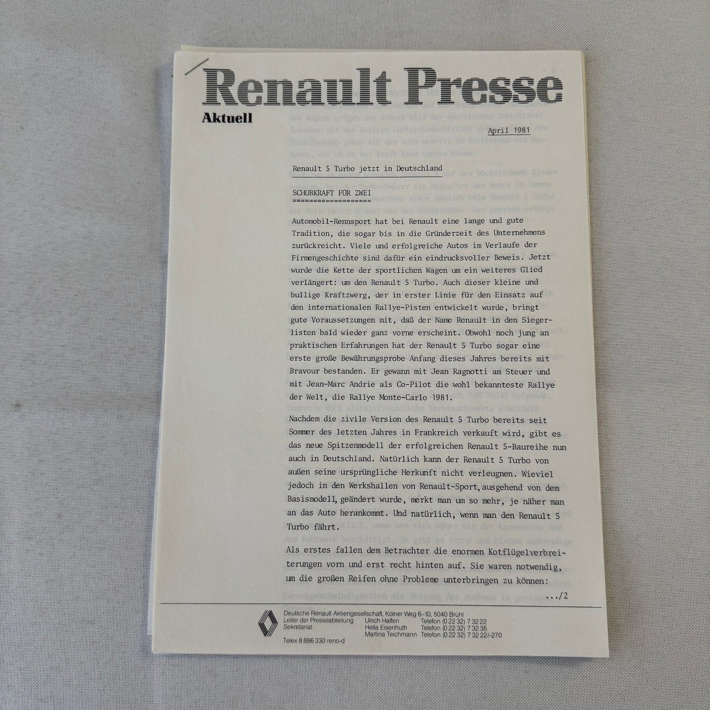 Renault 5 Turbo Car Factory Press Kit Photos Folder Hot Hatch GERMAN