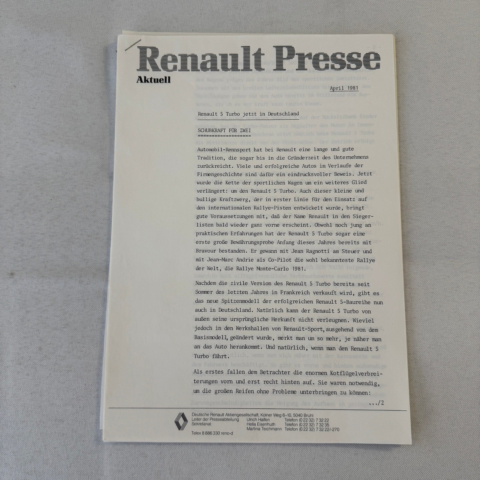 Renault 5 Turbo Car Factory Press Kit Photos Folder Hot Hatch GERMAN