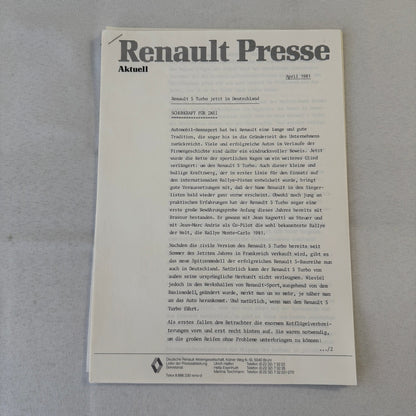 Renault 5 Turbo Car Factory Press Kit Photos Folder Hot Hatch GERMAN