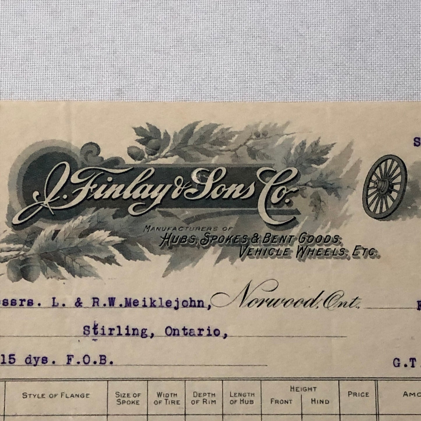 Antique Wheel Company J Finlay and Sons Billhead Letterhead Document 1915