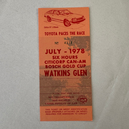 1978 Watkins Glen Racing Ticket Bosch Gold Cup Citicorp CanAM Race Toyota