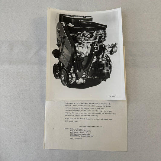 Vintage 1977 Volkswagen VW Rabbit Diesel Engine Factory Press Photo Photograph