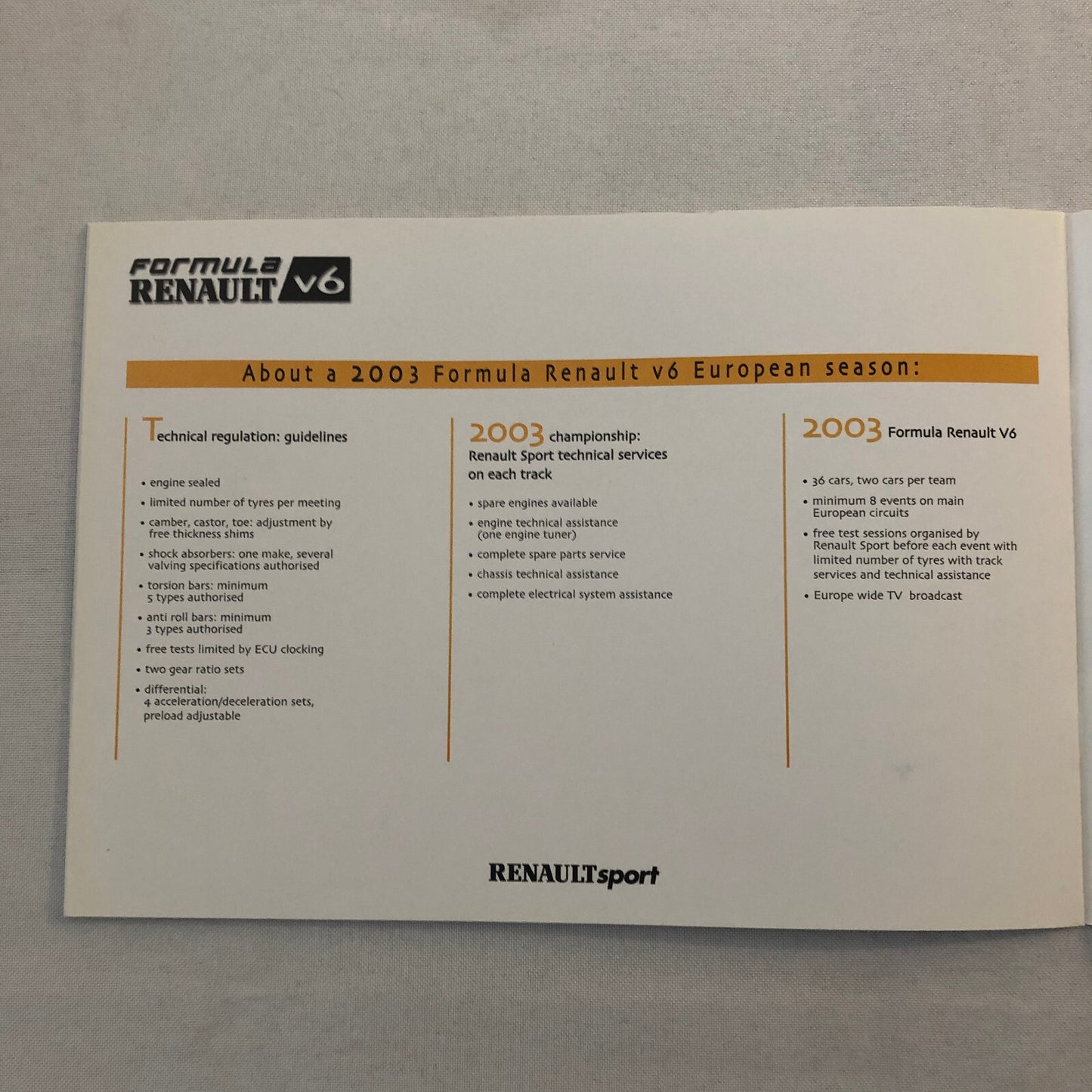 2003 Renault Sport Formula V6 Racing Car Sales Brochure Catalog