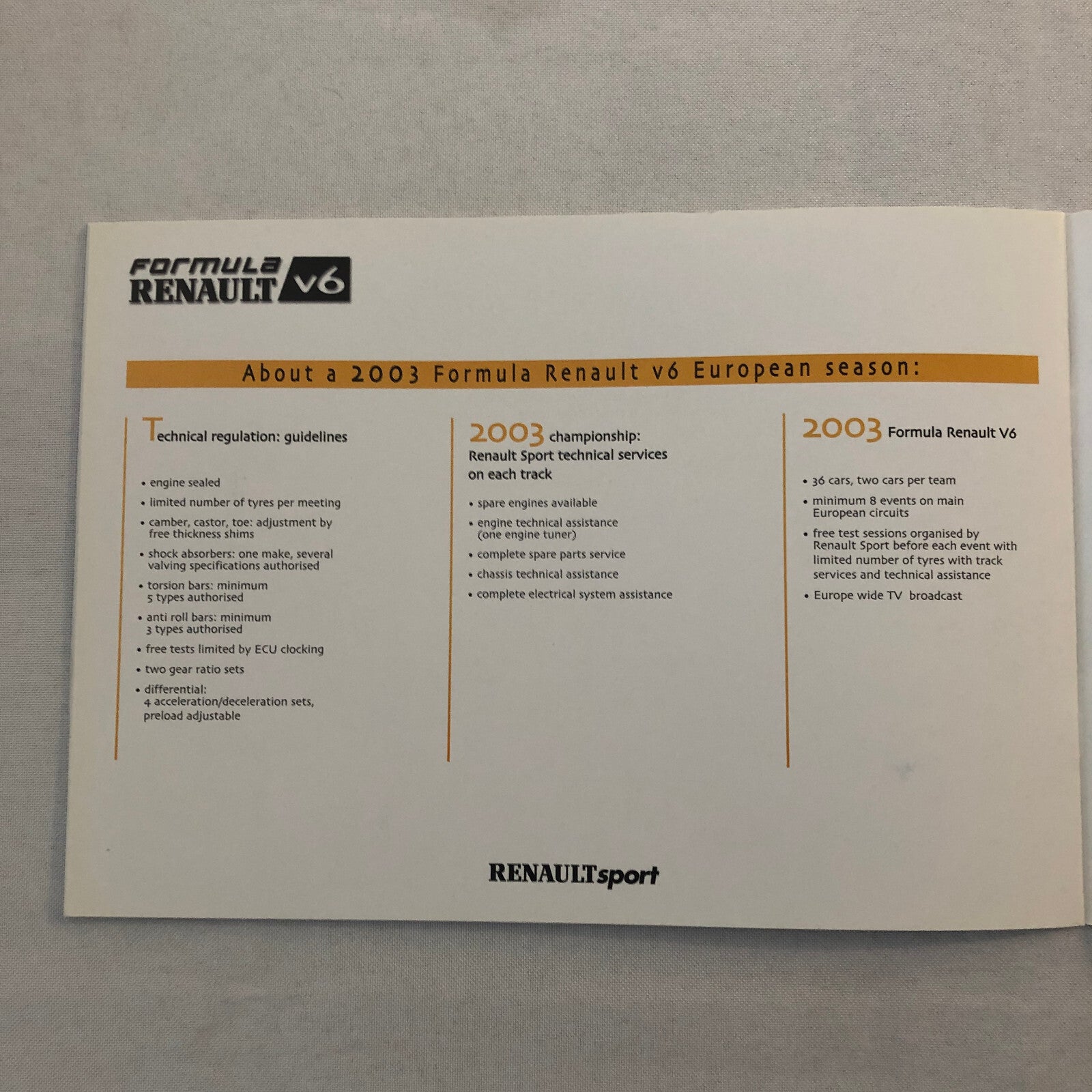 2003 Renault Sport Formula V6 Racing Car Sales Brochure Catalog