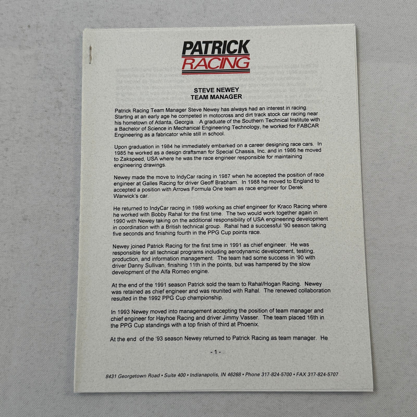 1996 Patrick Racing Press Kit Scott Pruitt IndyCar Vintage Brochure Photos