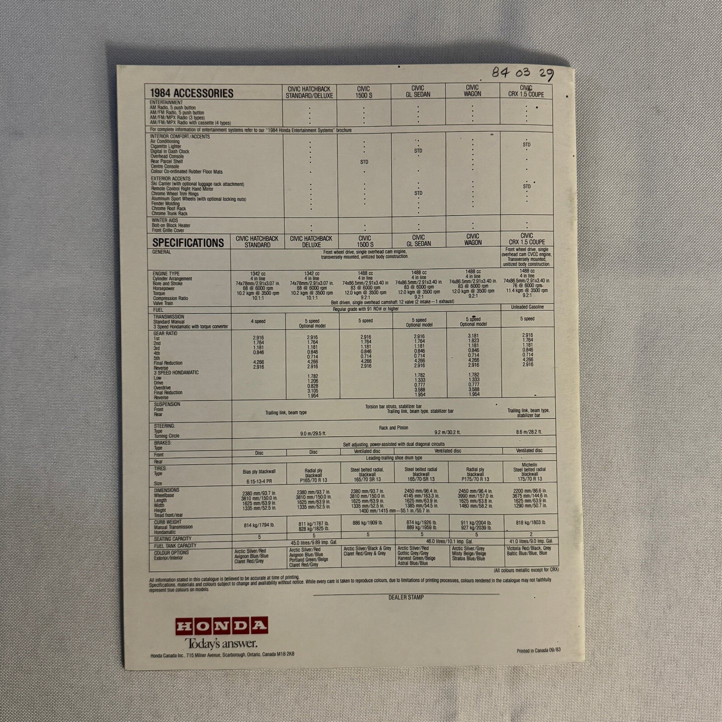 1984 Honda Civic Sales Brochure Catalog CRX Hatchback 1500 Sedan Wagon Vintage