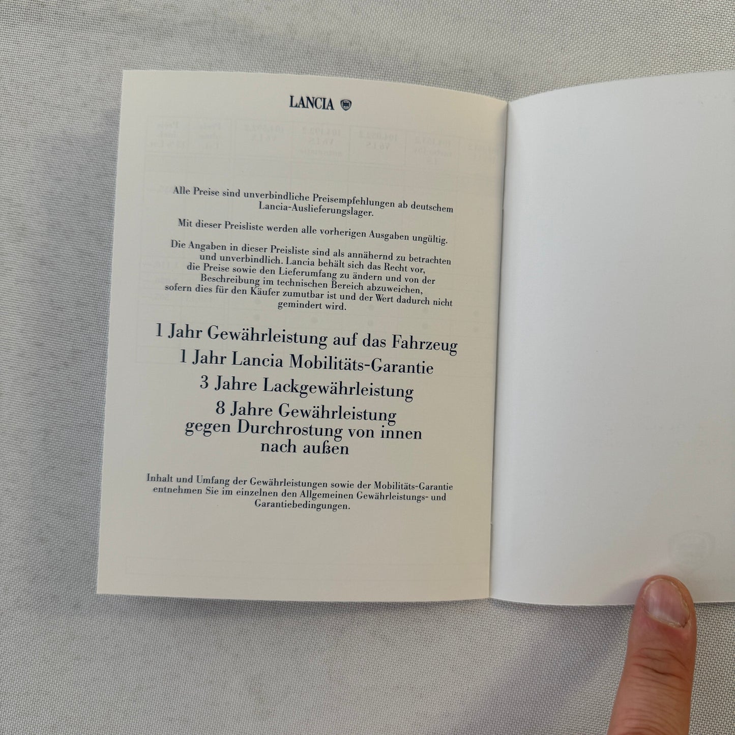 1993 Lancia Thema Technical Data Price List Brochure European German Text