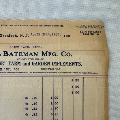 Bateman Manufacturing Receipt Letterhead Document Grenloch New Jersey 1908 Farm