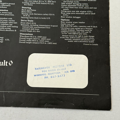 Renault LeCar Car Sales Brochure Catalog Vintage Advertising Canadian