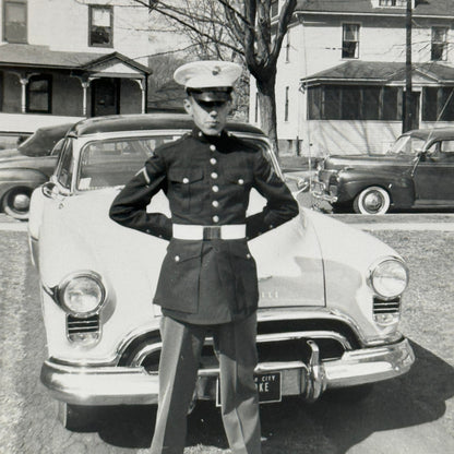Man in Military Uniform with Vintage Oldsmobile Car Automobile Photo Photograph