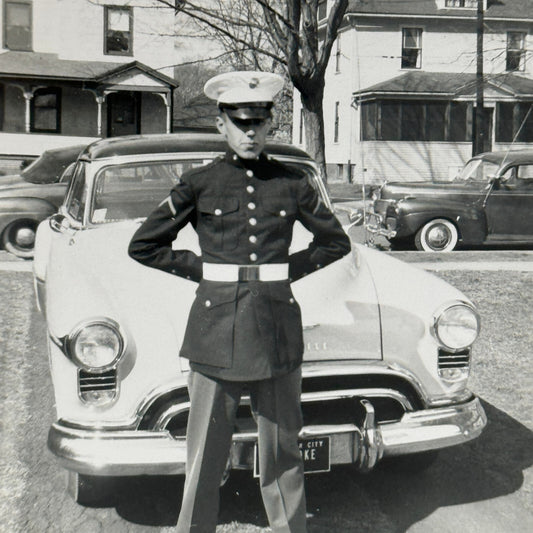 Man in Military Uniform with Vintage Oldsmobile Car Automobile Photo Photograph
