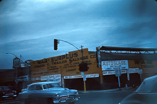 35mm Slide Vintage Image California Street Scene Cars War Surplus Store