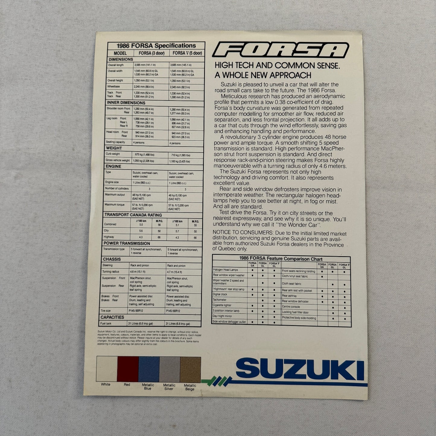 1986 Suzuki Forsa Car Sales Brochure Catalog 3 Door Forsa V 5 Door