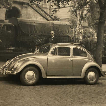 Vintage Photo Photograph Snapshot Man with VW Volkswagen Beetle Bug Car
