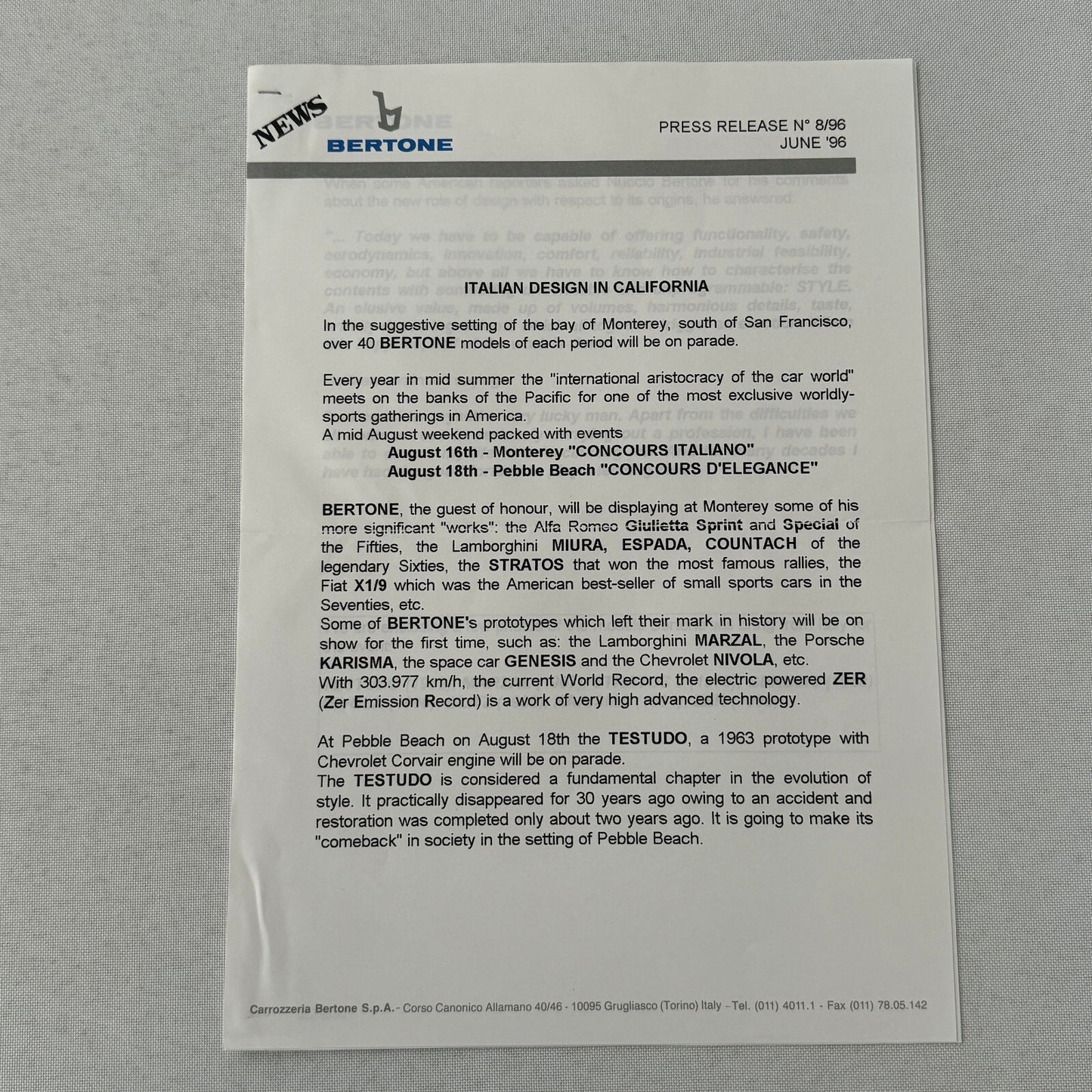 Bertone Press Kit 1998 Lamborghini Miura Countach Lancia Stratos Alfa Romeo +