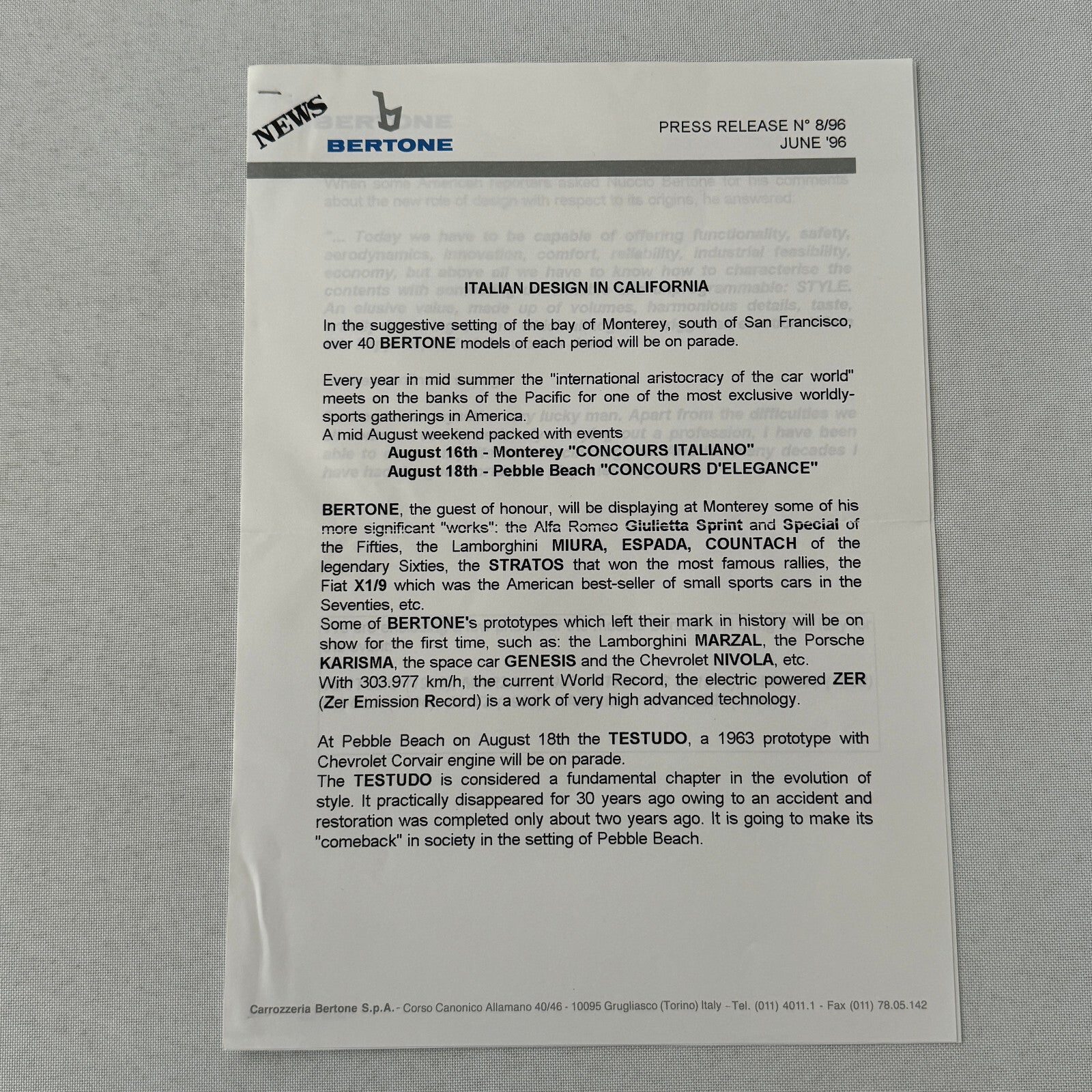 Bertone Press Kit 1998 Lamborghini Miura Countach Lancia Stratos Alfa Romeo +