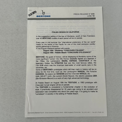 Bertone Press Kit 1998 Lamborghini Miura Countach Lancia Stratos Alfa Romeo +