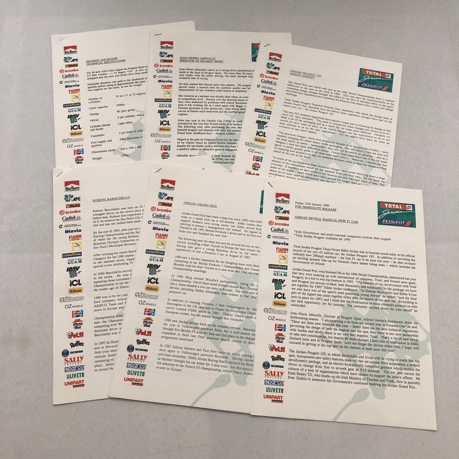 Jordan Peugeot F1 Formula One Racing Team Press Kit Rubens Barrichello
