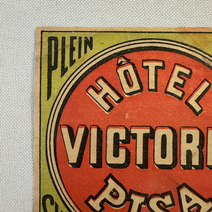 Vintage Hotel Travel Luggage Label Hotel Victoria Pisa Italy Italian
