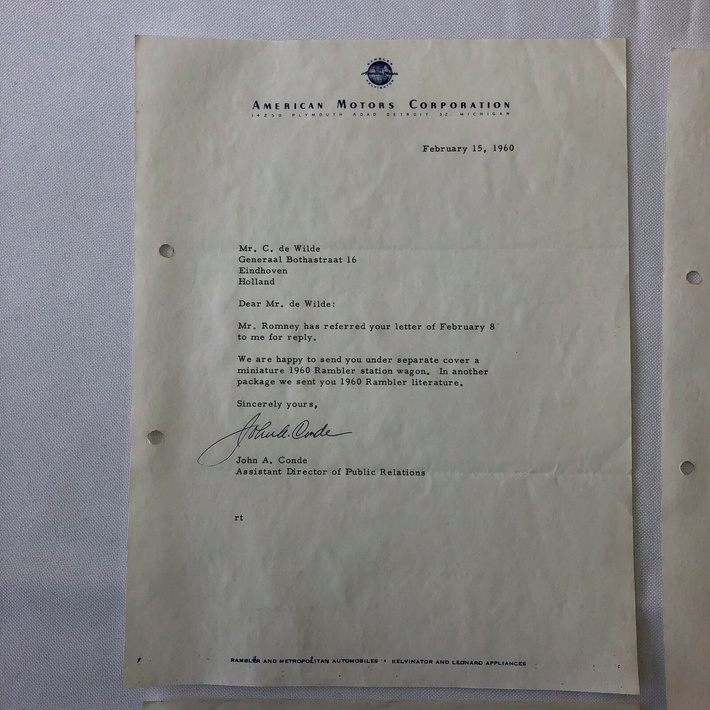 1960 - 1961 American Motors Corporation Car Letter Letterhead George Romney 
