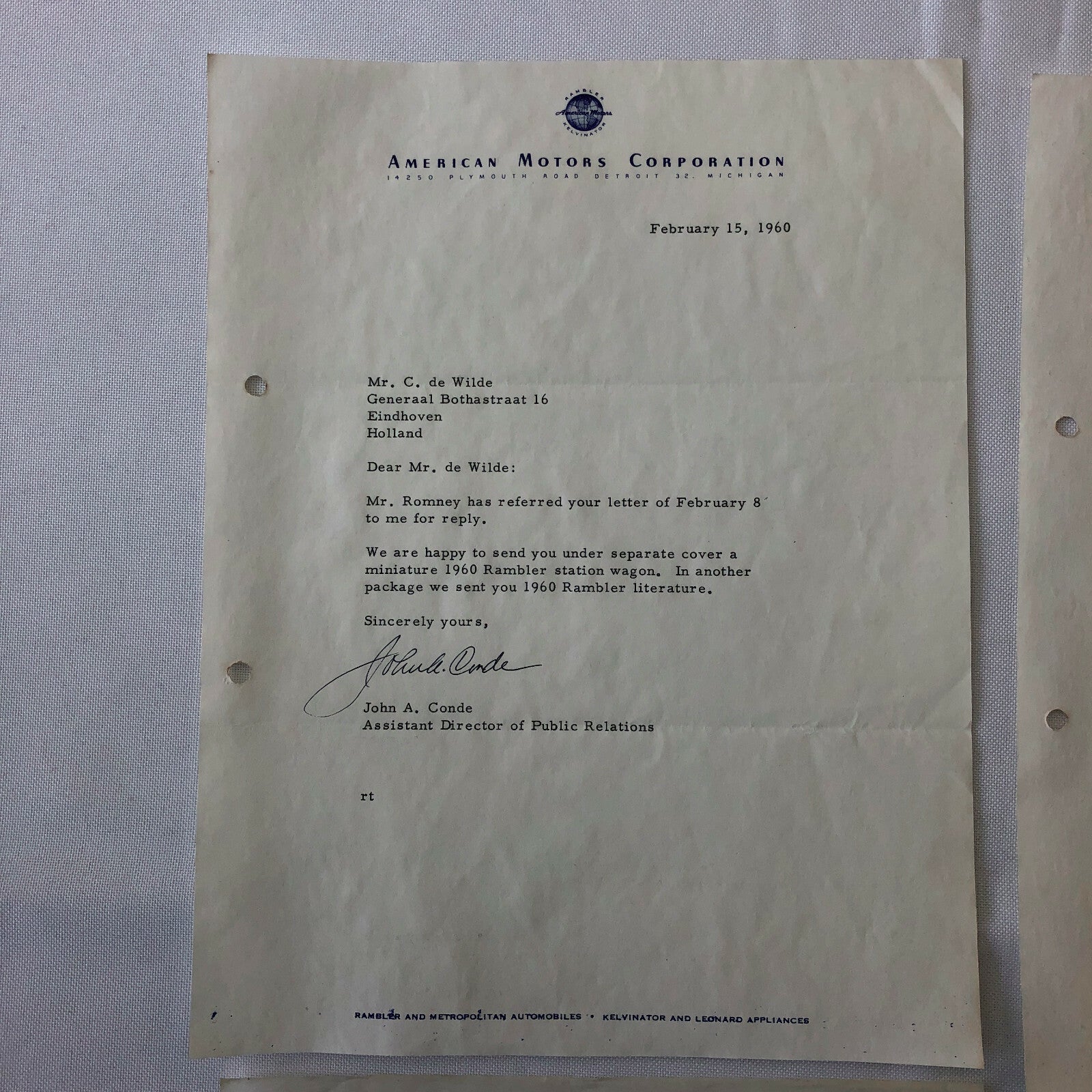 1960 - 1961 American Motors Corporation Car Letter Letterhead George Romney 