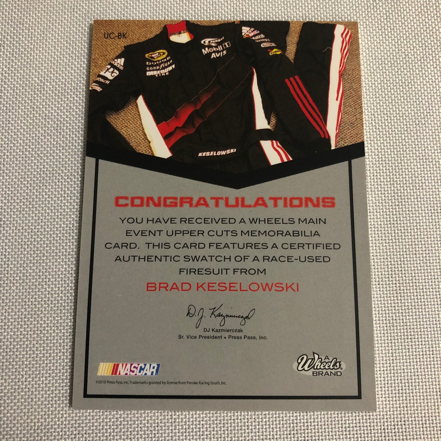 2010 Wheels Uppercuts Brad Keselowski Race Used Firesuit Relic Card /199 NASCAR