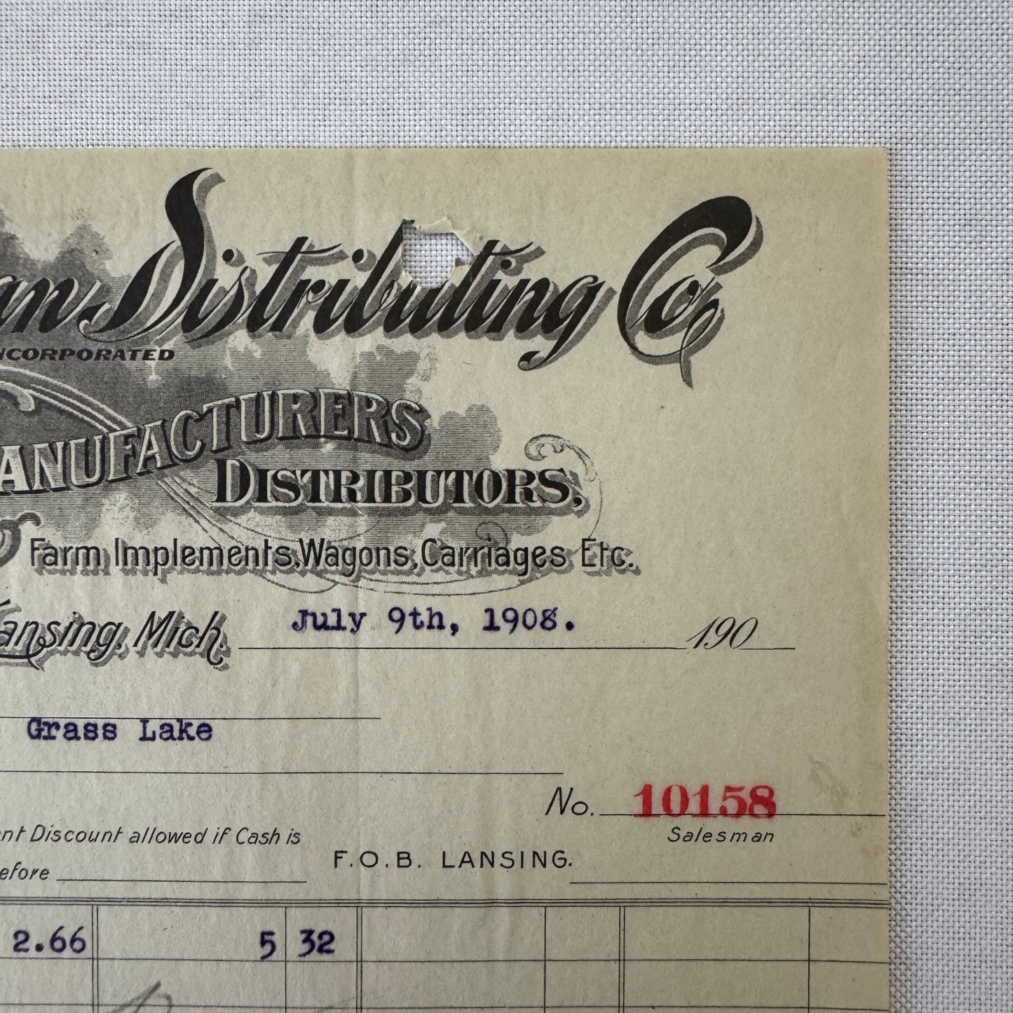 Michigan Distributing Company Farm Implements Carriages 1908 Document Lansing