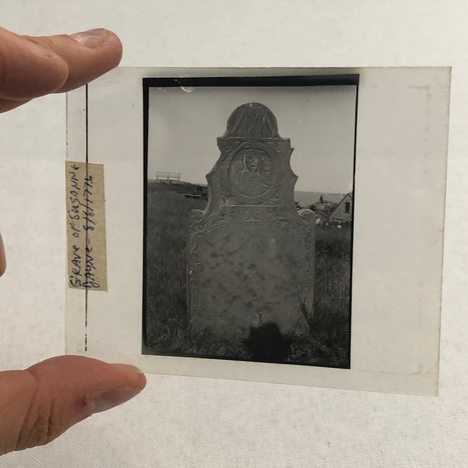 Antique Glass Plate Lantern Slide Photo 1776 Grave with Skull Skeleton Creepy