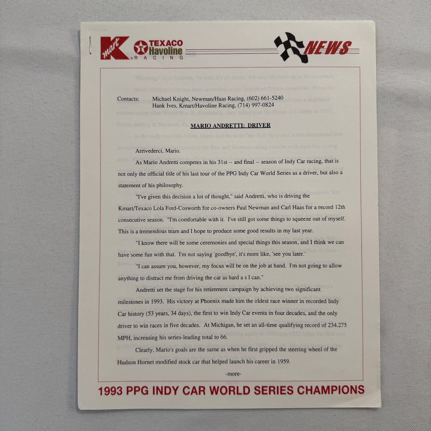 Mario Andretti 1993 PPG Indy Press Release Lot 2x KMart Texaco Havoline Racing