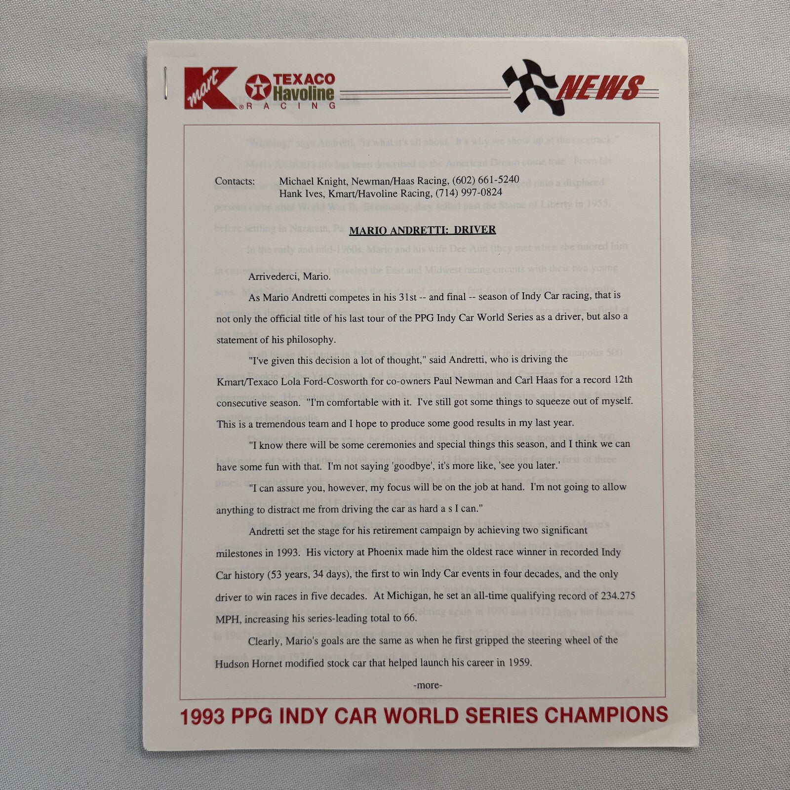 Mario Andretti 1993 PPG Indy Press Release Lot 2x KMart Texaco Havoline Racing