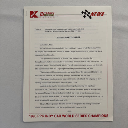 Mario Andretti 1993 PPG Indy Press Release Lot 2x KMart Texaco Havoline Racing