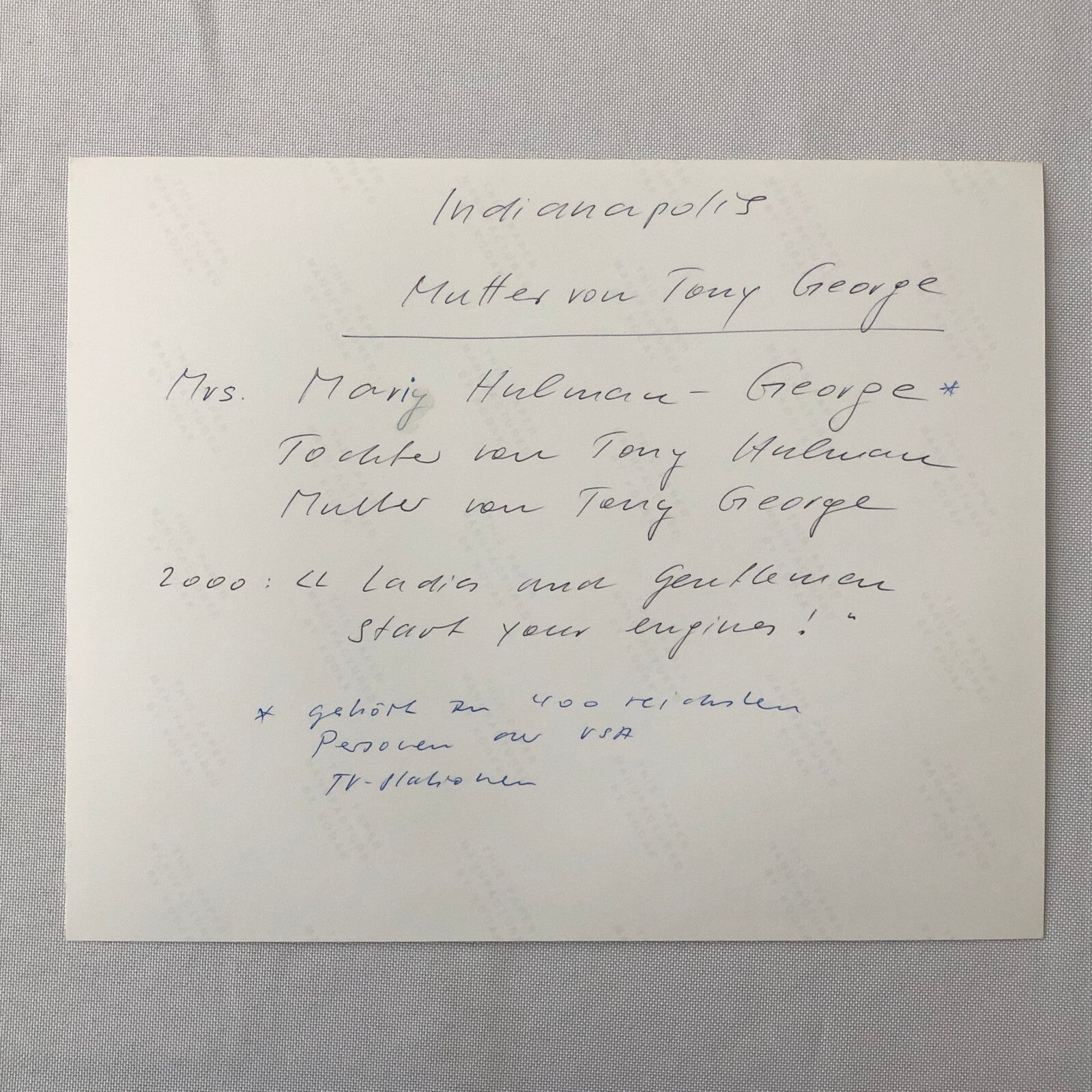 Vintage Indy Indianapolis Racing Photo Photograph Mary Hulman George 2000