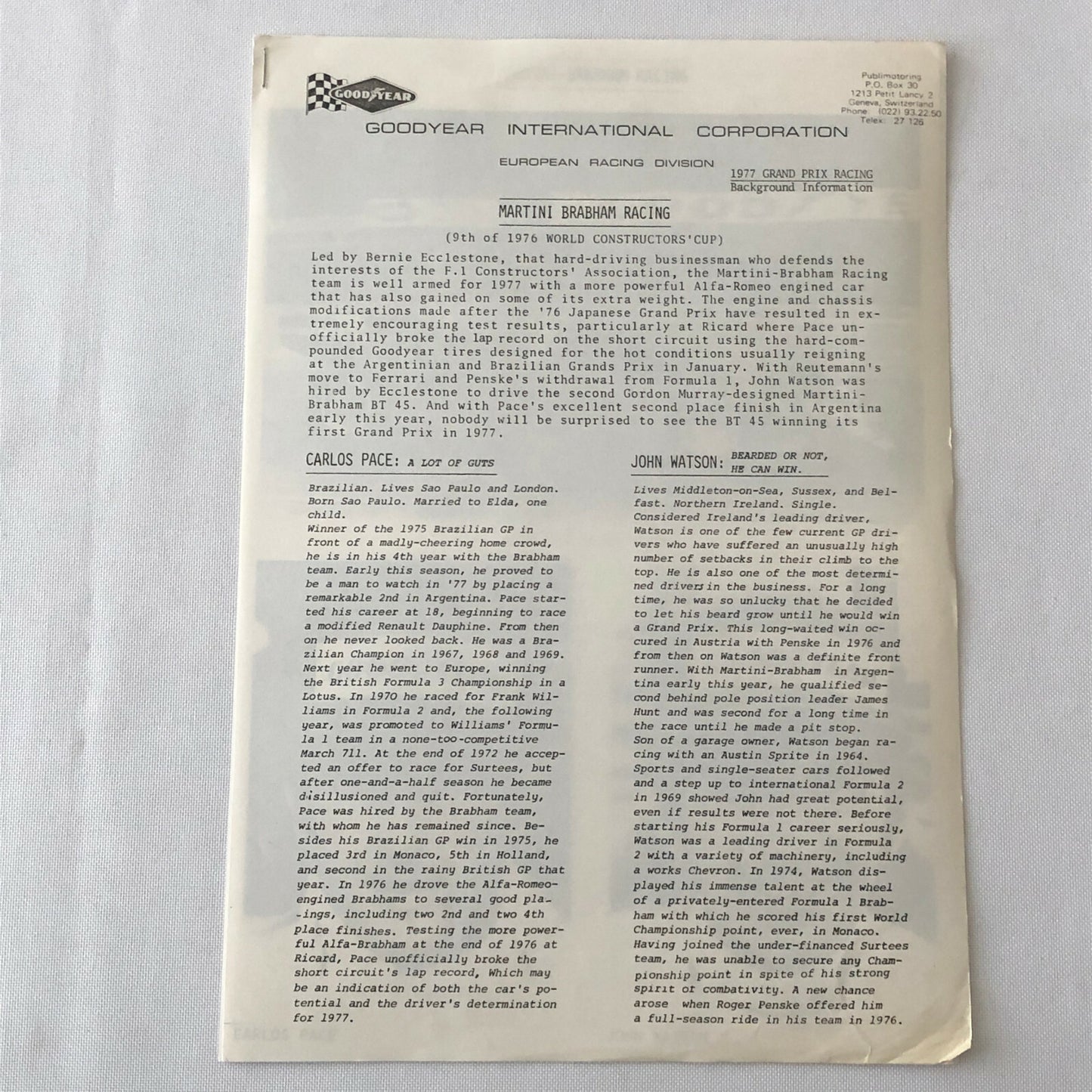 Vintage 1977 Martini Brabham Racing Alfa Romeo Car Press Photo Photograph Pace +