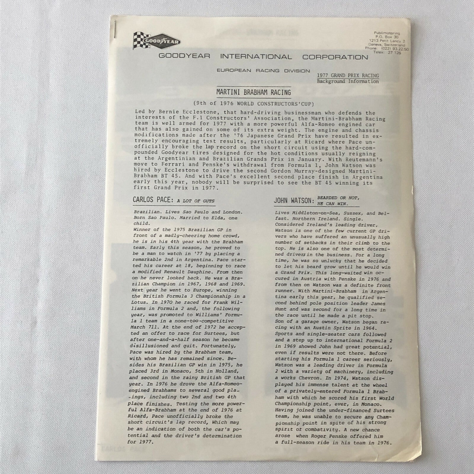 Vintage 1977 Martini Brabham Racing Alfa Romeo Car Press Photo Photograph Pace +