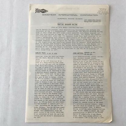 Vintage 1977 Martini Brabham Racing Alfa Romeo Car Press Photo Photograph Pace +