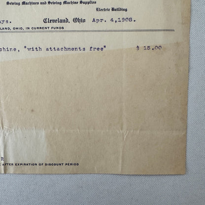 James M Richardson Company Receipt Invoice Document 1908 Sewing Machine Ohio