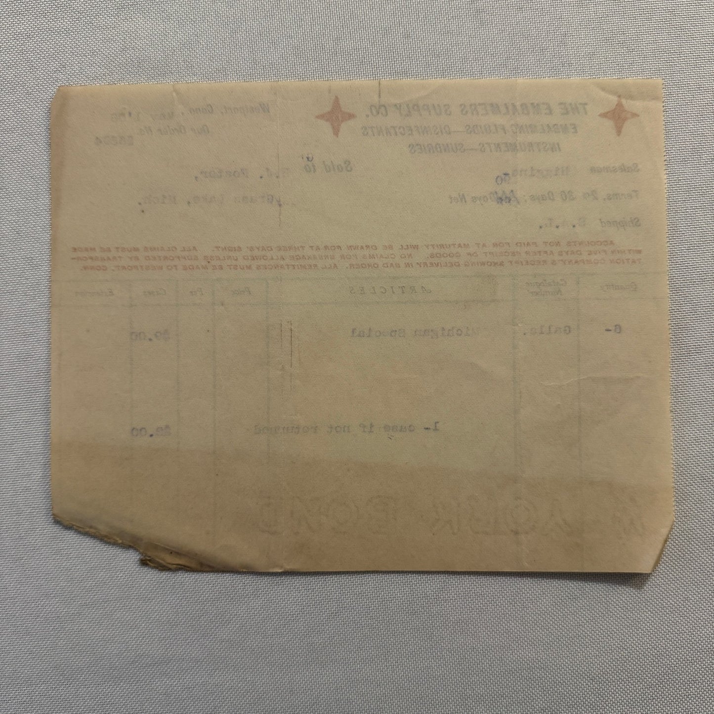 The Embalmers Supply Company Westport Connecticut Letterhead Document 1908