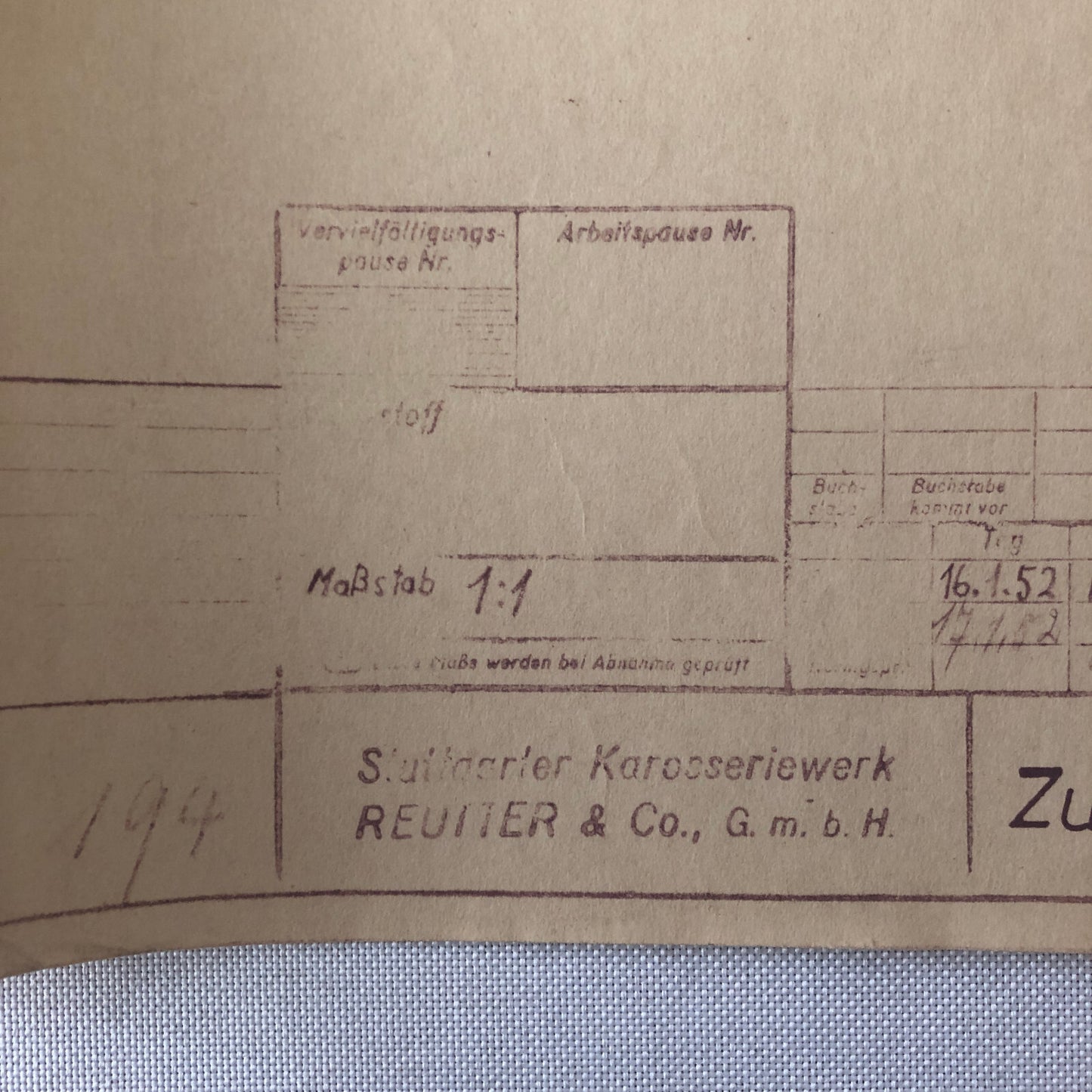 Vintage Porsche Reutter & Co Coachbuilder Factory Part Blueprint Document German