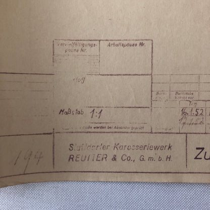 Vintage Porsche Reutter & Co Coachbuilder Factory Part Blueprint Document German