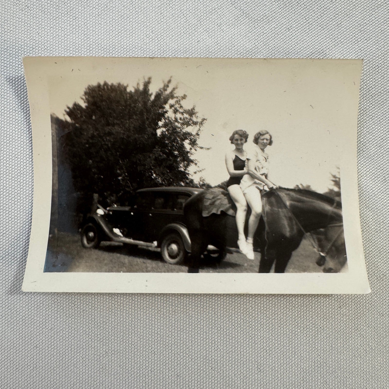 Vintage Car Horse Photo Women Photograph Snapshot Print