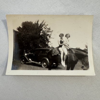 Vintage Car Horse Photo Women Photograph Snapshot Print