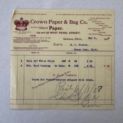 Crown Paper & Bag Company Jackson Michigan 1908 Receipt Invoice Document Lot 5x
