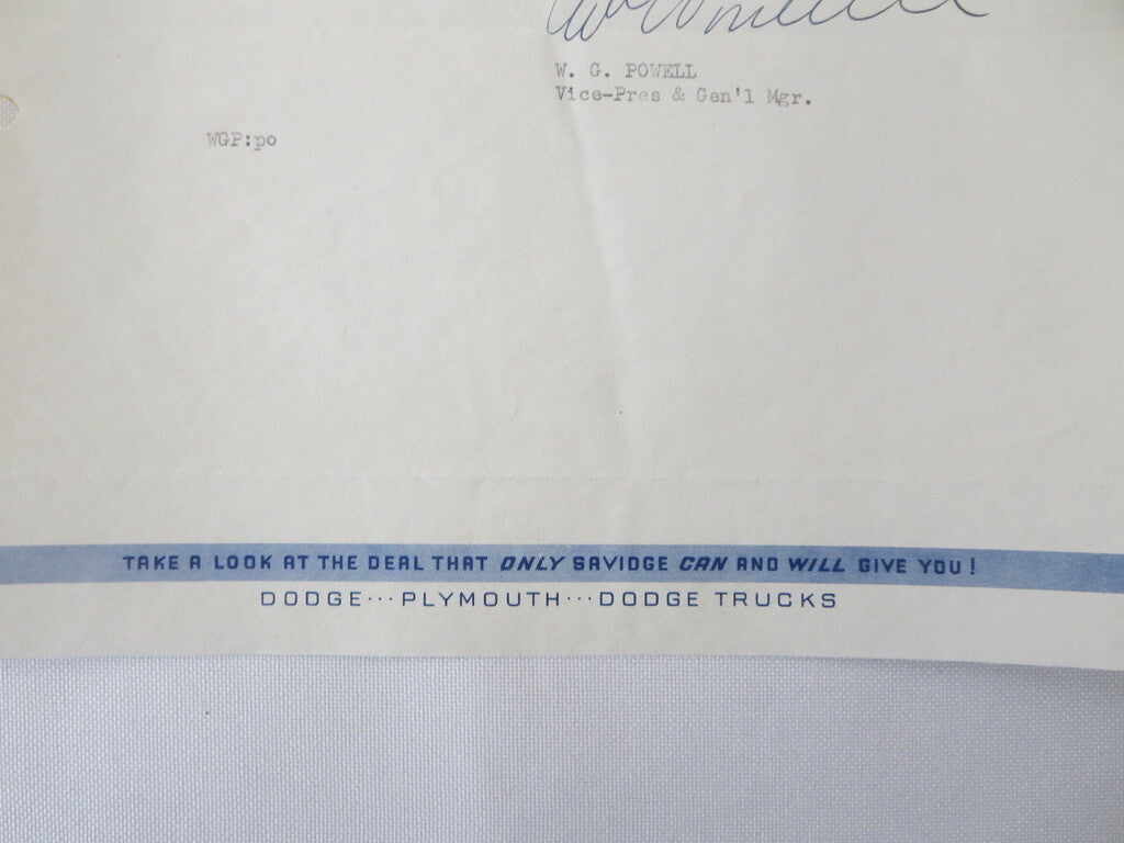 1949 1951 Dodge Plymouth Dealership Letter S.L. Savidge Motors Letterhead